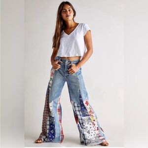 Free People patchwork flare Cortez pieced bandana jeans NWOT